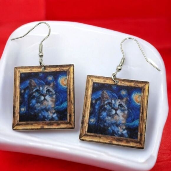 Cat Van Gogh Starry Night Famous Painting Earrings Dangle Pierced Ears Jewelry - Picture 5 of 6